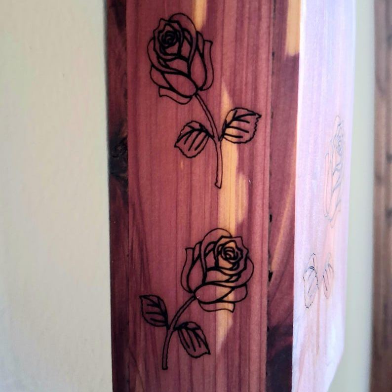 Wall Pocket Vase – Handmade Aromatic Cedar Wall Vase with Laser-Engraved Roses • Rustic Wood Wall Pocket Décor