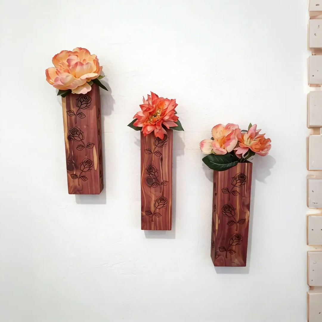 Wall Pocket Vase Cedar Vase with Laser Engraved Roses