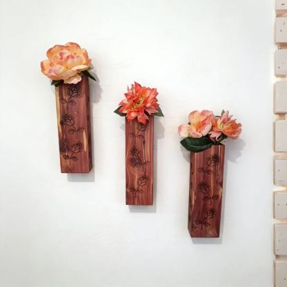 Wall Pocket Vase Cedar Vase with Laser Engraved Roses