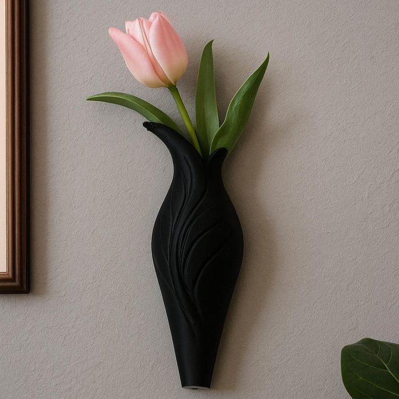 3D Printed Black Leaf Textured Wall Vase
