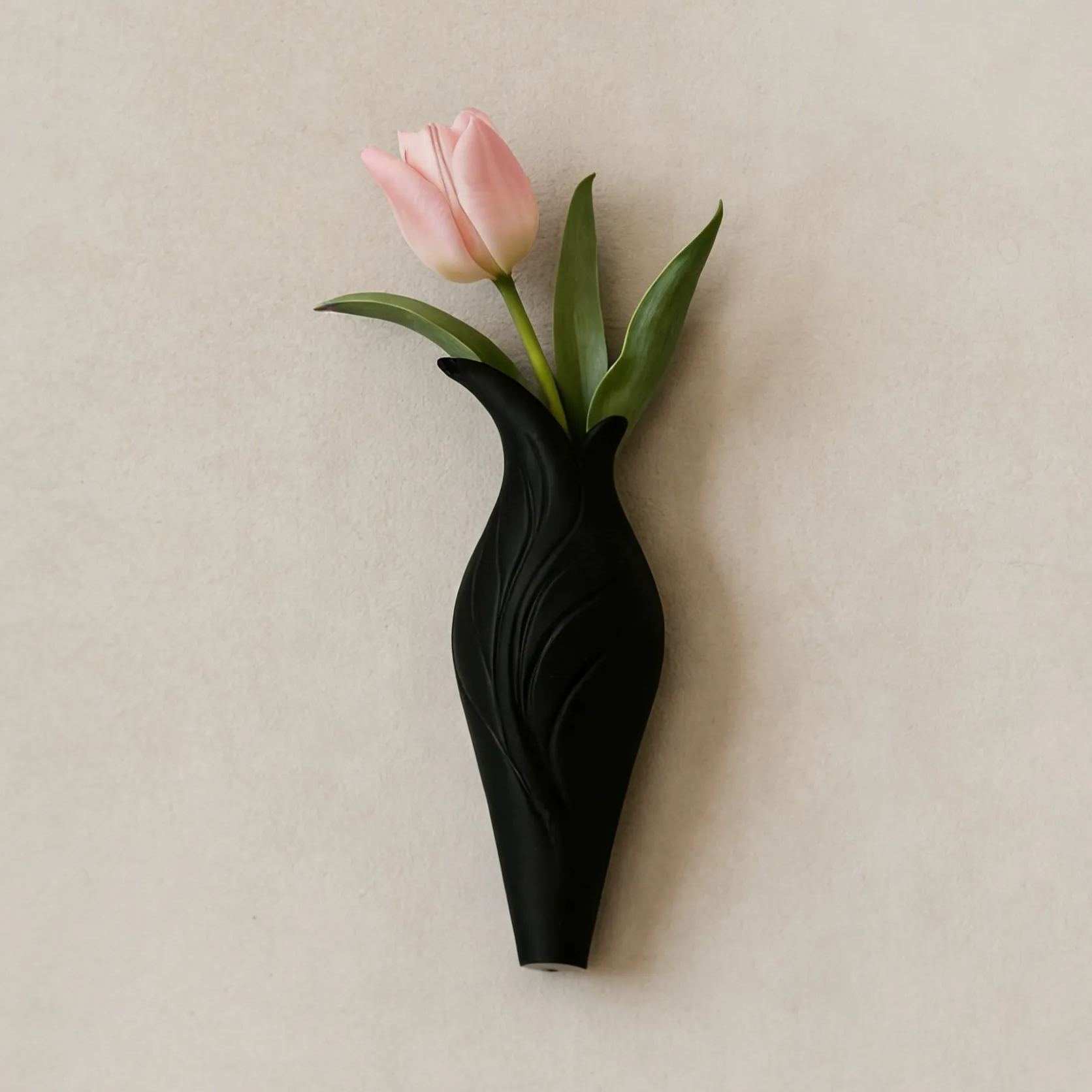 3D Printed Black Leaf Textured Wall Vase