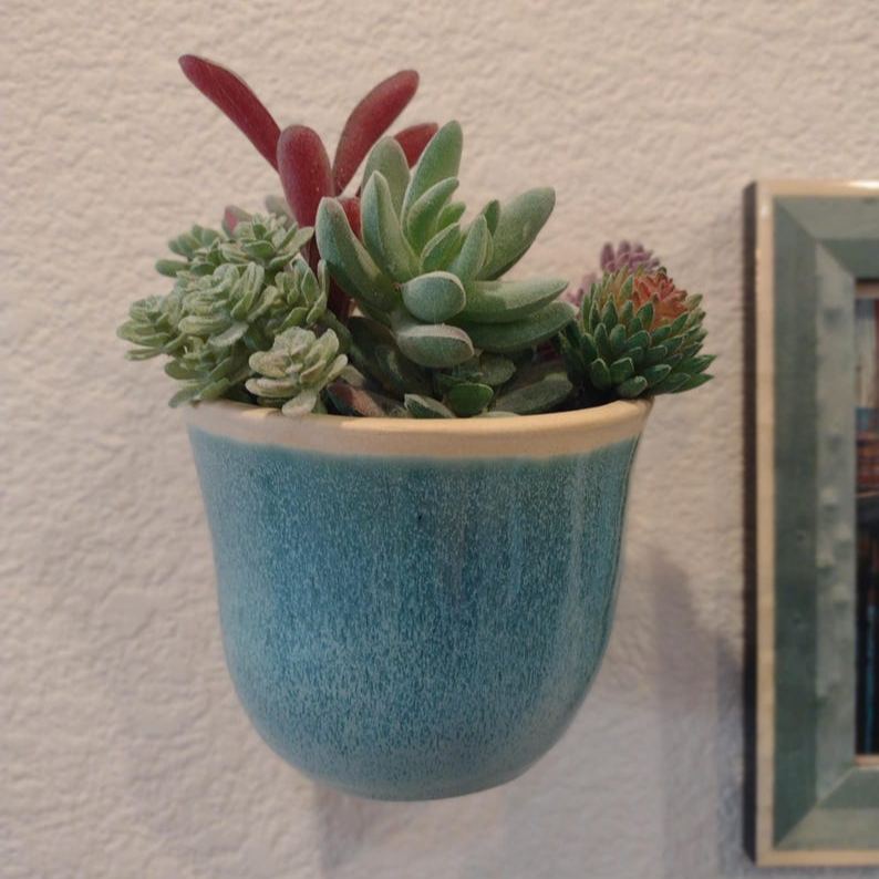 Ceramic Wall Pocket, Ceramic Vase, Ceramic Wall Vase, Ceramic Wall Sconce, Hanging Plant Holder, Simplicity Turquoise Rain