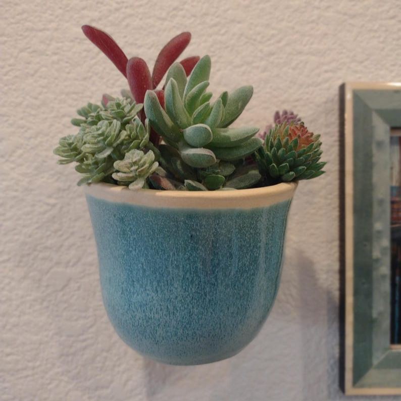 Ceramic Wall Pocket, Ceramic Vase, Ceramic Wall Vase, Ceramic Wall Sconce, Hanging Plant Holder, Simplicity Turquoise Rain
