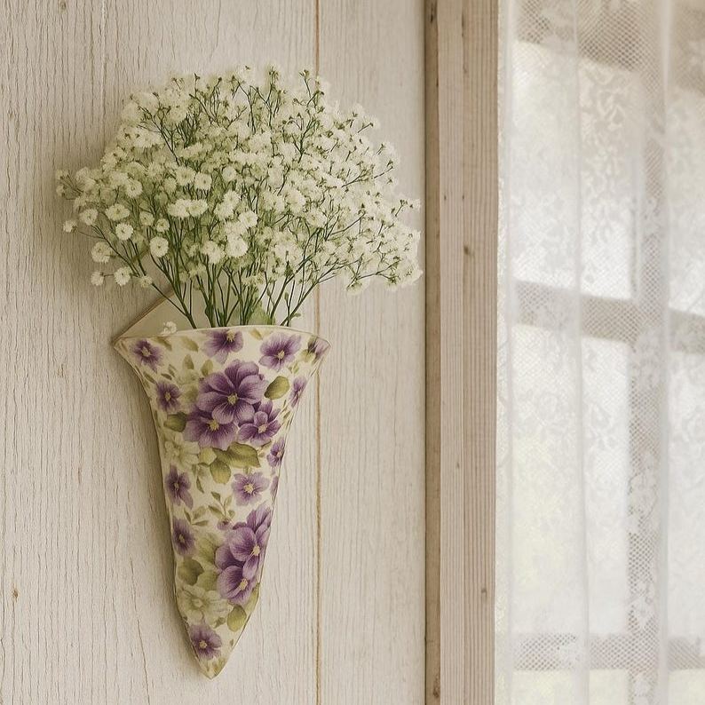 Wall Pocket Vase Vintage Purple Floral Cottagecore Decor