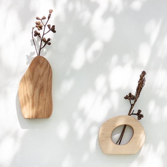 Ensemble de vases muraux - Vase géométrique - Ensemble de vases en bois de chêne - Vase à fleurs sèches - Vase bourgeons modernes - Vase minimaliste - Vase suspendu - Vase ondulé