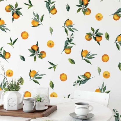 Removable Wall Decals - Set of Tangerines and Leaves decals. Oranges, citrus fruit.