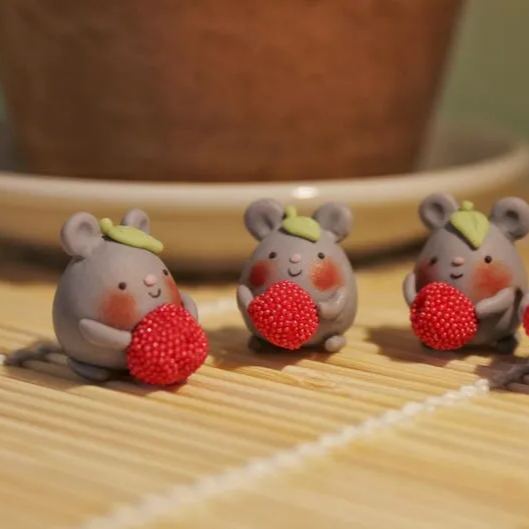 Polymer Clay Mouse Figurine Raspberry Leaf Hat