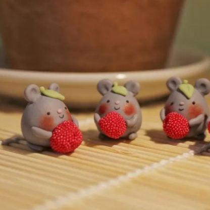 Polymer Clay Mouse Figurine Raspberry Leaf Hat