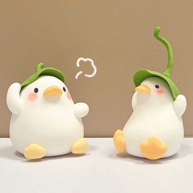 Cute Leaf Hat Duck Figurines Air Dry Clay Desk Decor