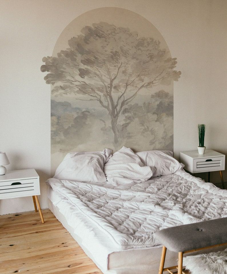 Tree scenic 3D arch wall sticker, Temporary semi-circle shape headboard, Watercolor decal home decor