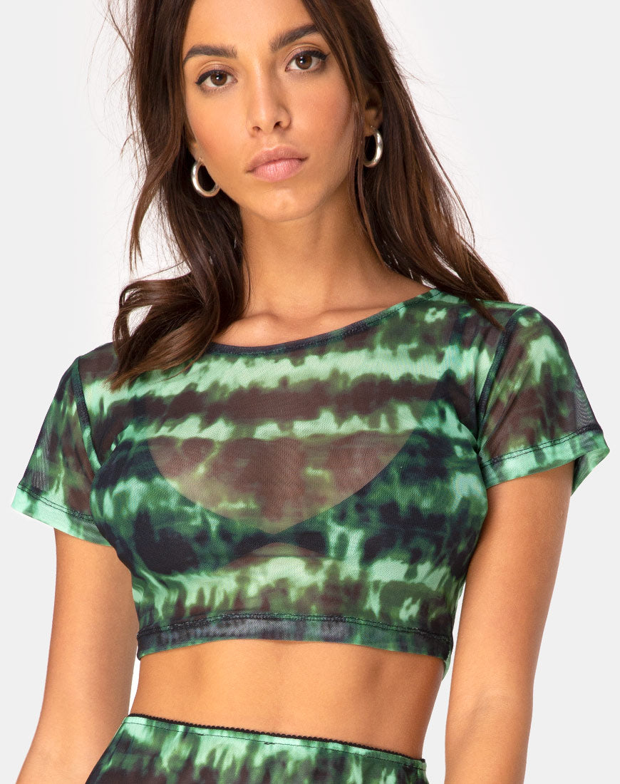 Tindy Crop Top in Tie Dye Turquoise Mesh-Nico Sky