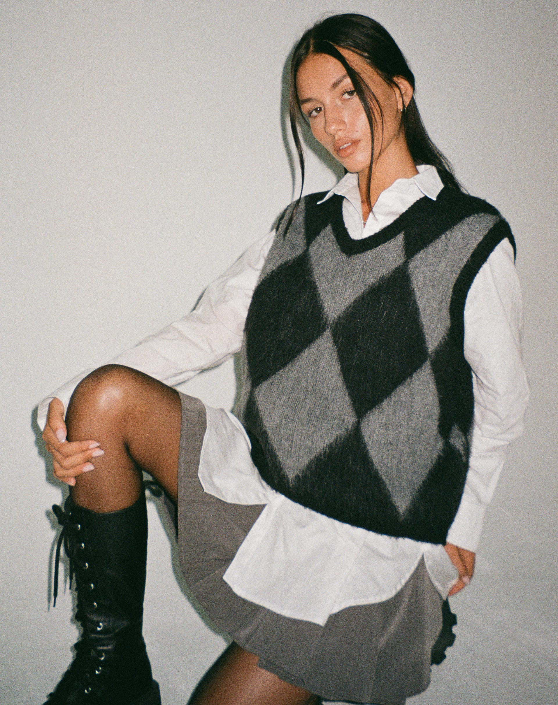 Arisa Sweater Vest in Harlequin Grey and Black-Nico Sky