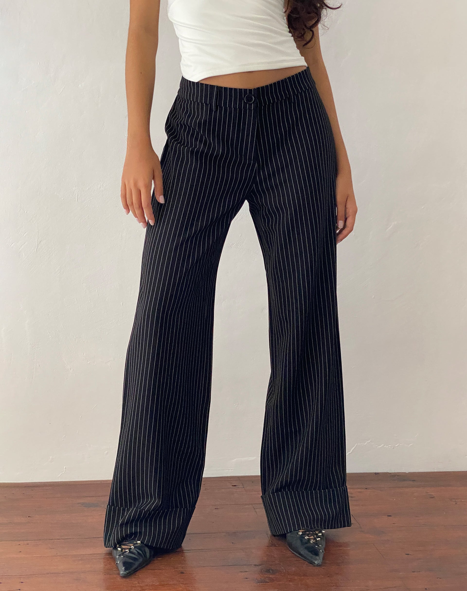 Abba Low Rise Trouser in Black Pinstripe Tailoring-Nico Sky