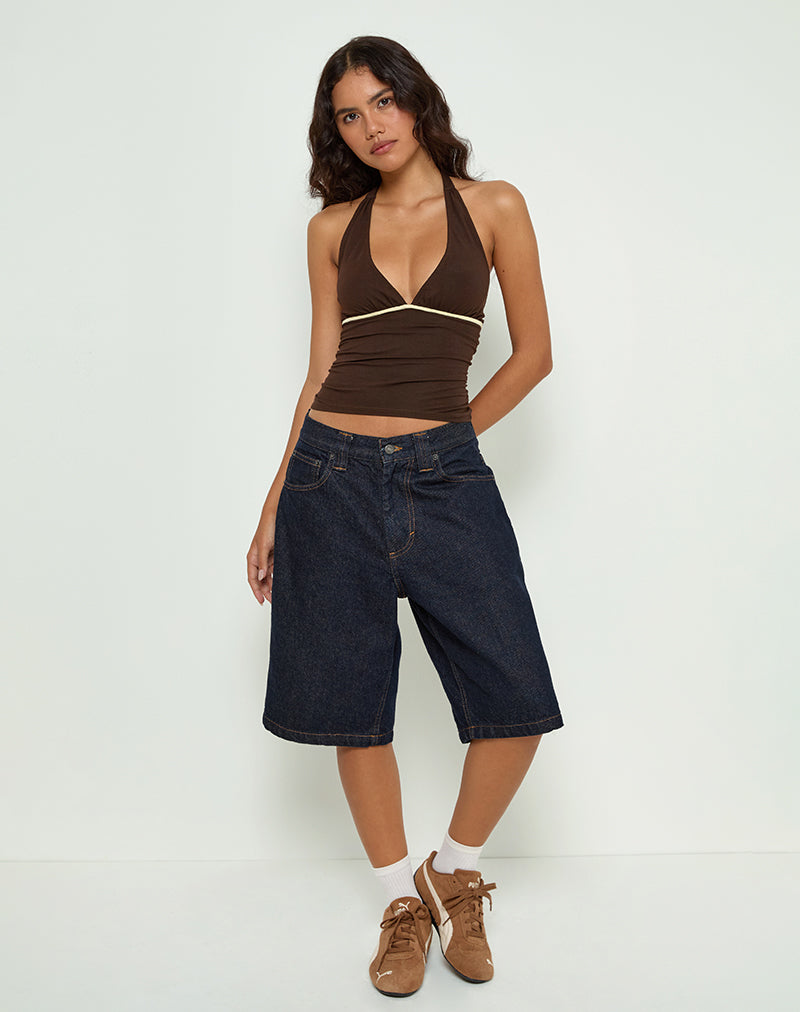 Abeth Halterneck Top in Chocolate Brown with Lemon Piping-Nico Sky