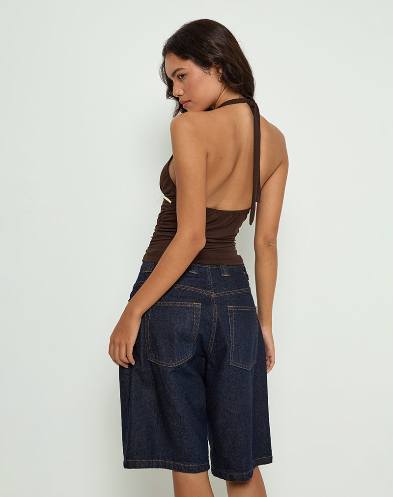 Abeth Halterneck Top in Chocolate Brown with Lemon Piping-Nico Sky