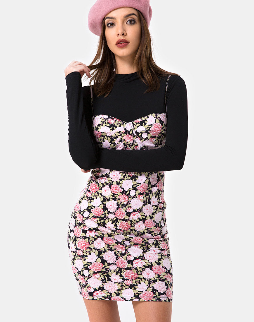 Alvina Bodycon Dress in Bloom Floral Black Base-Nico Sky