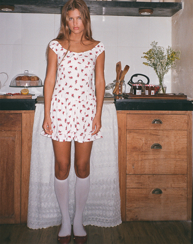 Aca Bardot Mini Dress in White Rose Polka-Nico Sky