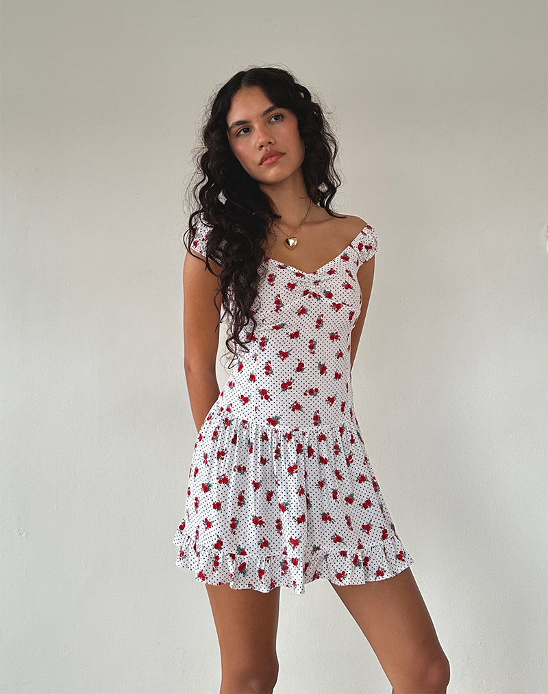 Aca Bardot Mini Dress in White Rose Polka-Nico Sky