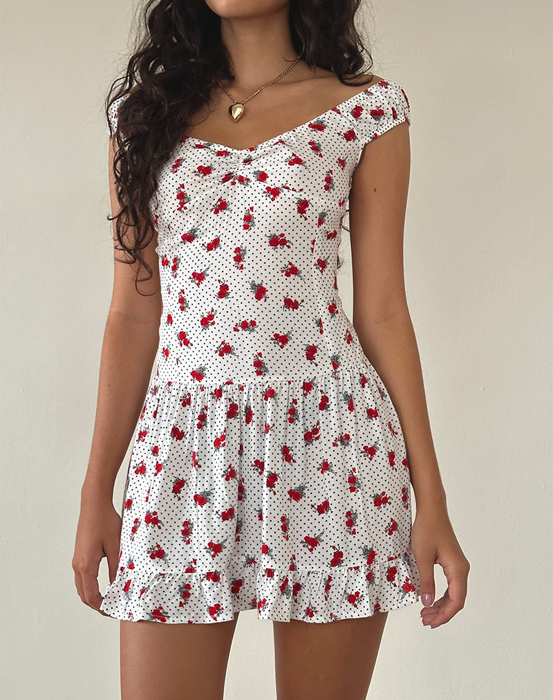 Aca Bardot Mini Dress in White Rose Polka-Nico Sky