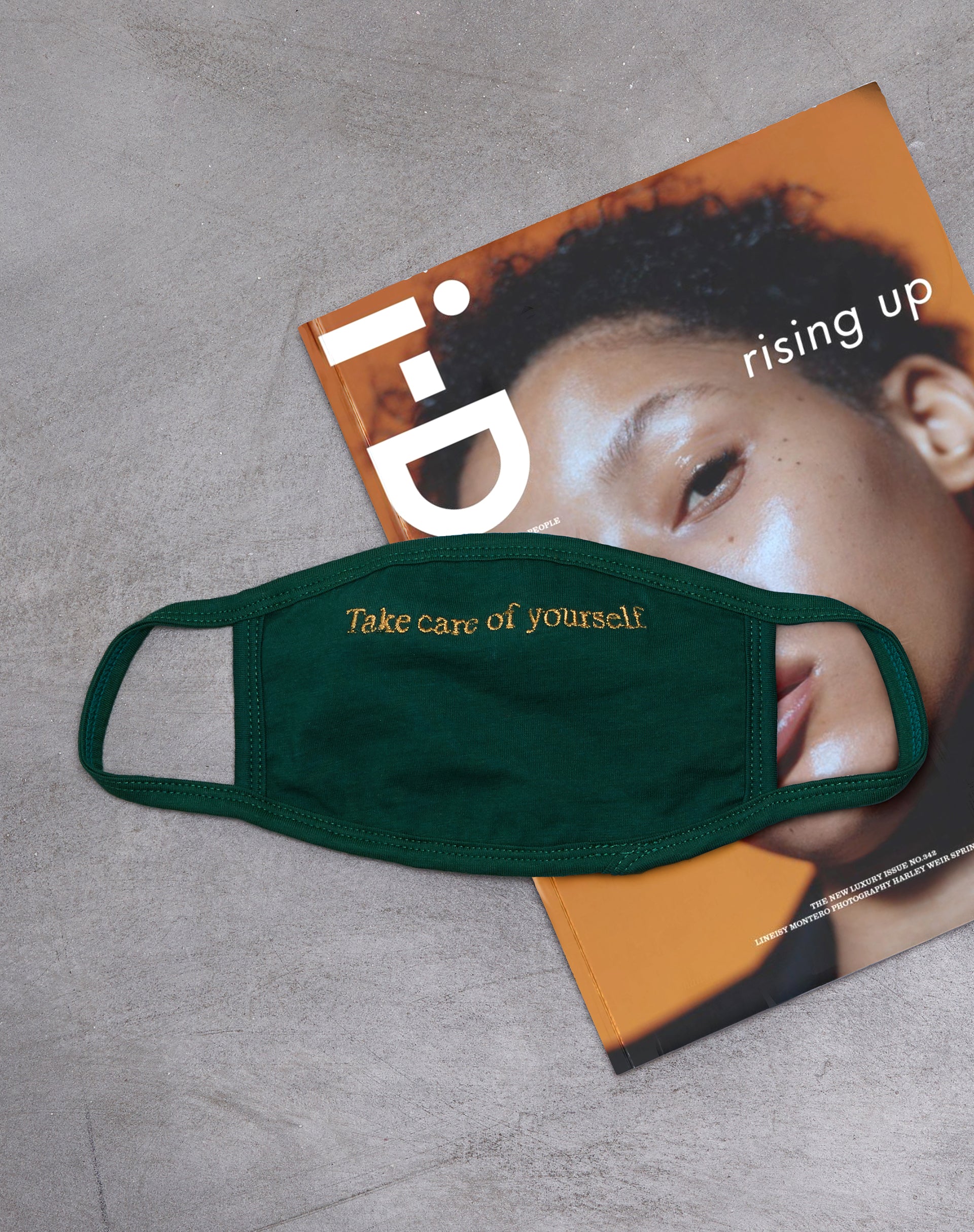 Face Mask in Bottle Green "Take Care Of Yourself" Embro-Nico Sky