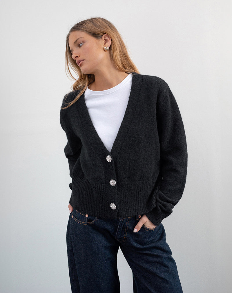 Acera Knitted Cardigan in Black with Silver Flower Buttons-Nico Sky