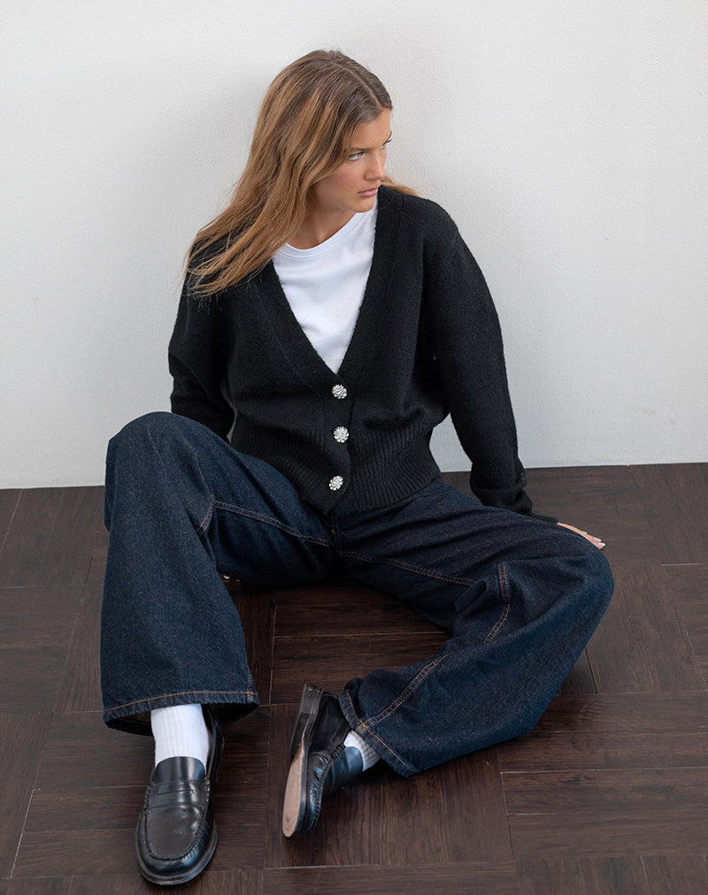Acera Knitted Cardigan in Black with Silver Flower Buttons-Nico Sky