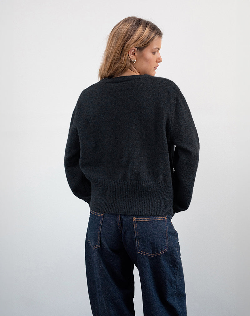 Acera Knitted Cardigan in Black with Silver Flower Buttons-Nico Sky