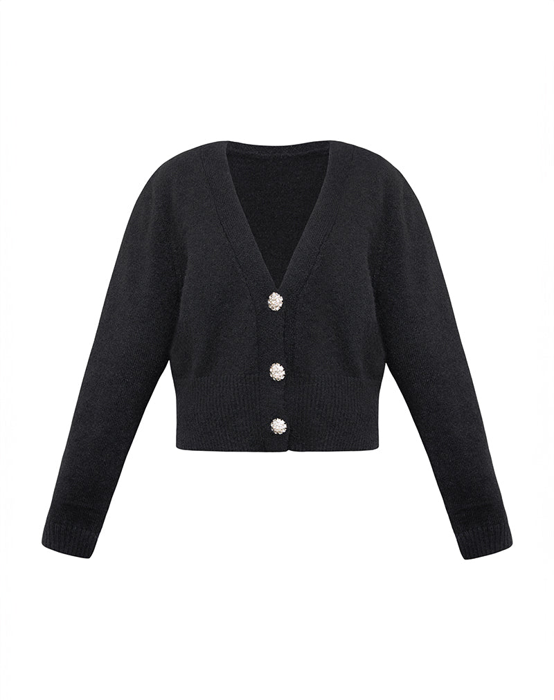 Acera Knitted Cardigan in Black with Silver Flower Buttons-Nico Sky