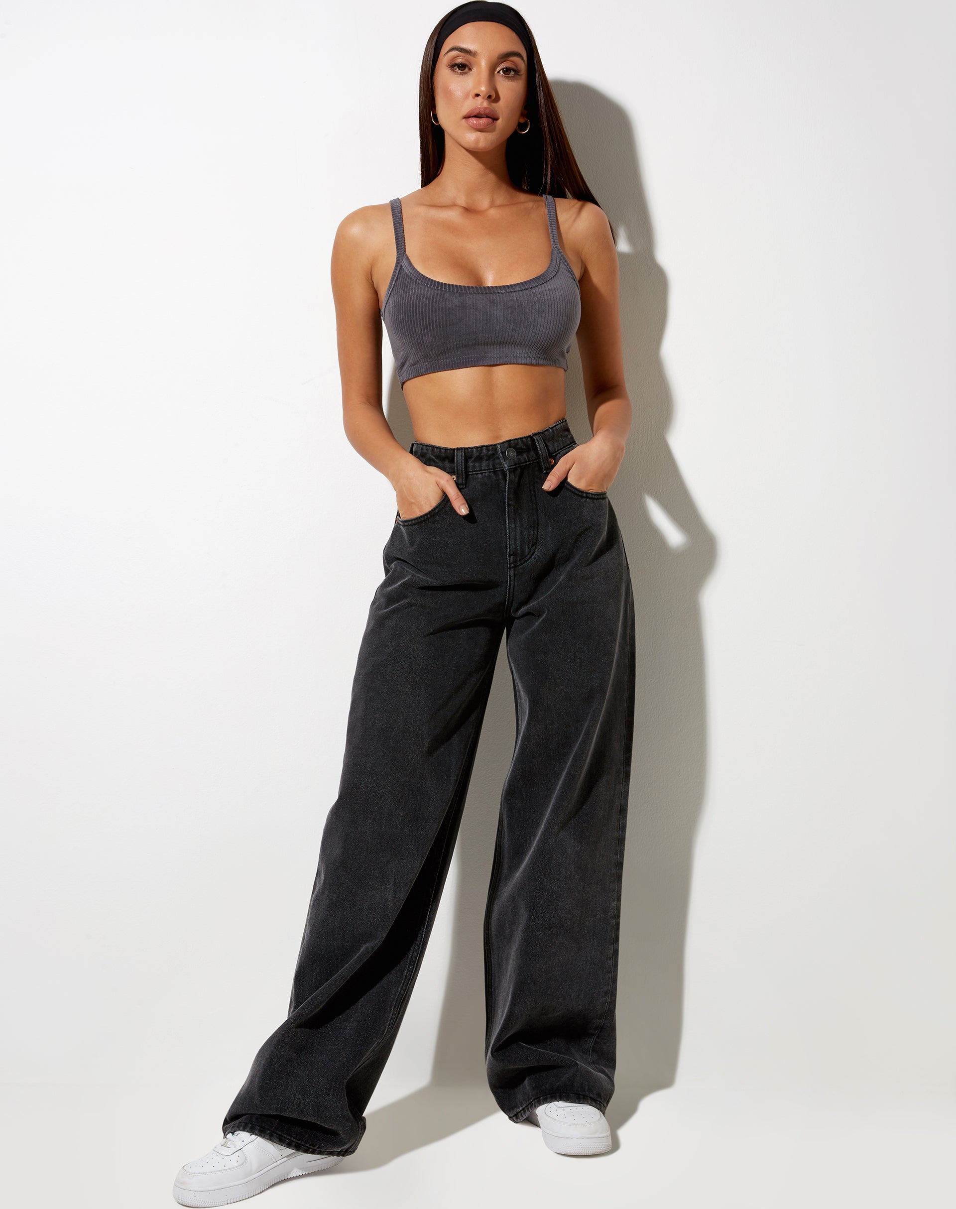 Adda Bralet in Velvet Rib Charcoal Grey-Nico Sky