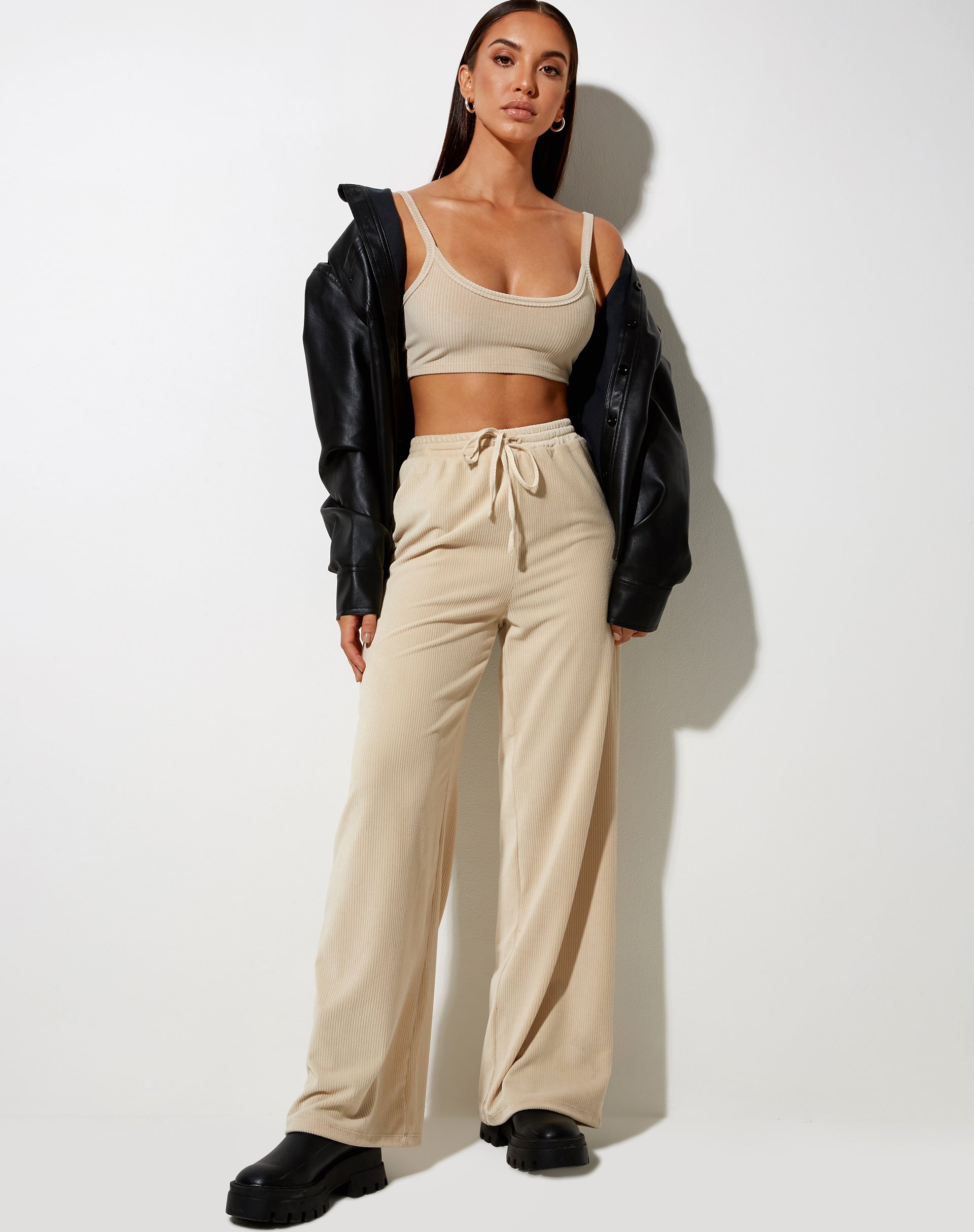 Adda Bralet Top in Velvet Rib Neutral Beige-Nico Sky