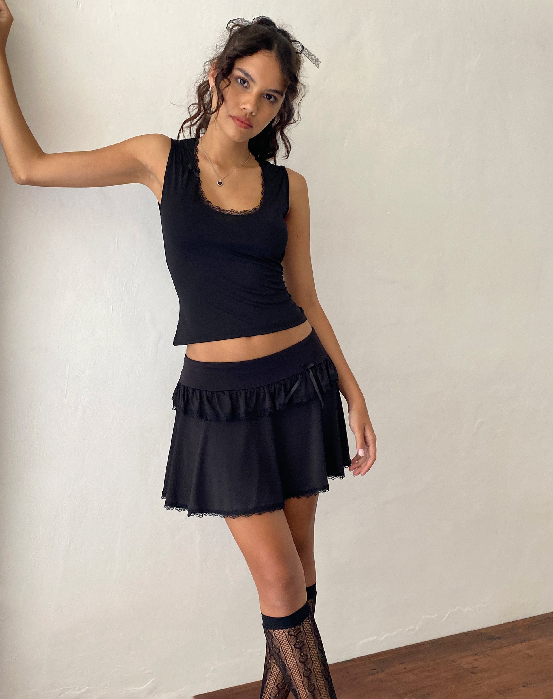 Addalyn Lace Trim Mini Skirt in Black-Nico Sky