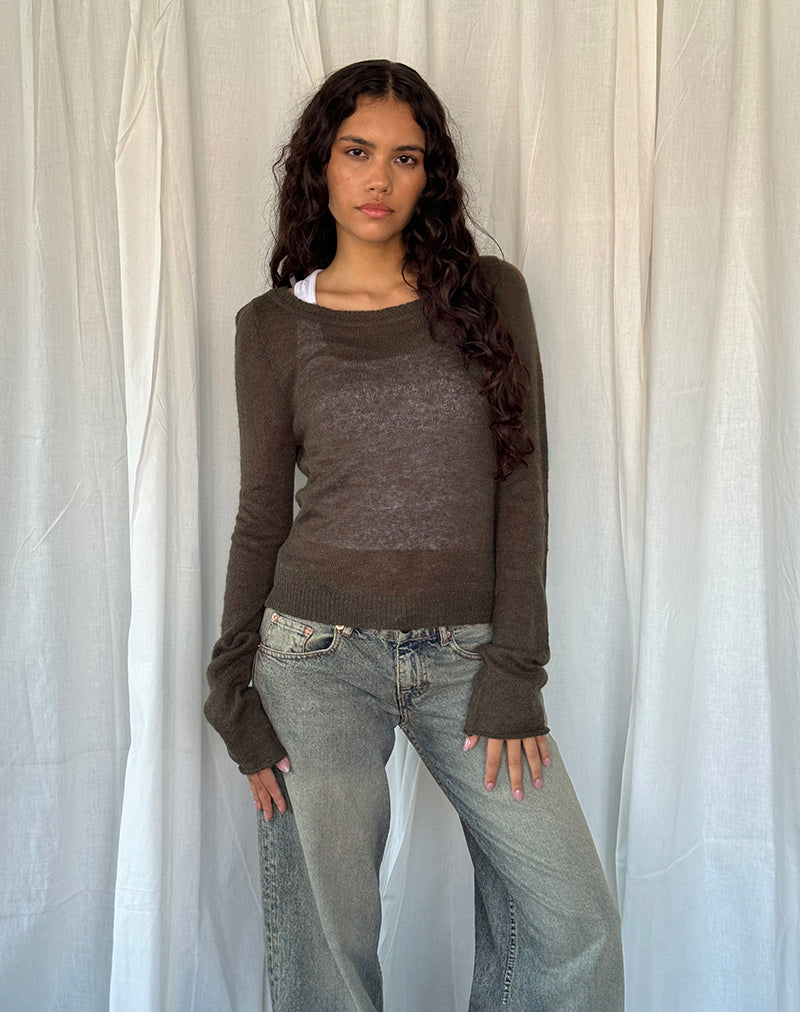Addison Long Sleeve Sheer Knit Top in Dark Chocolate-Nico Sky