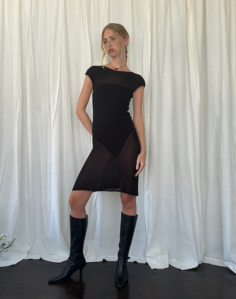 Adeline Midi Dress in Wide Rib Knit Black-Nico Sky