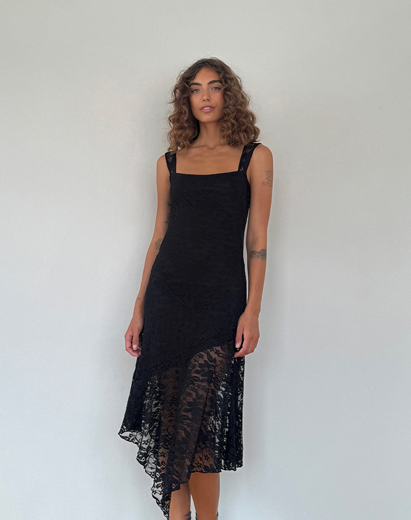 Adeliza Asymmetric Midi Dress in Floral Lace Jet Black-Nico Sky