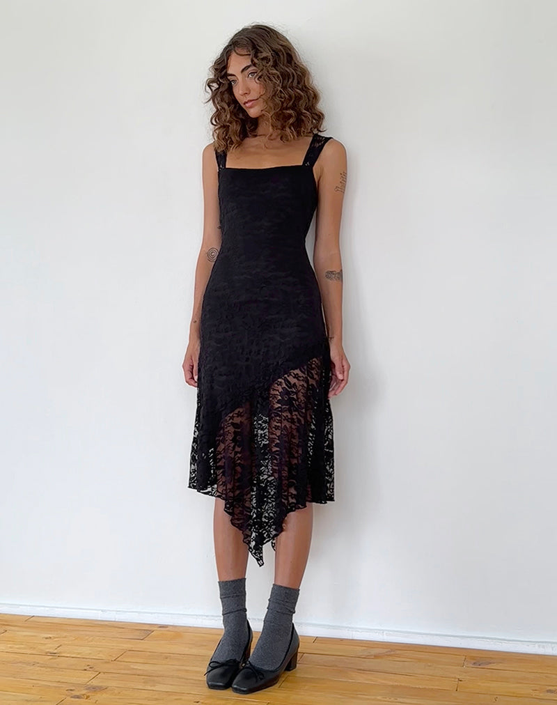 Adeliza Asymmetric Midi Dress in Floral Lace Jet Black-Nico Sky