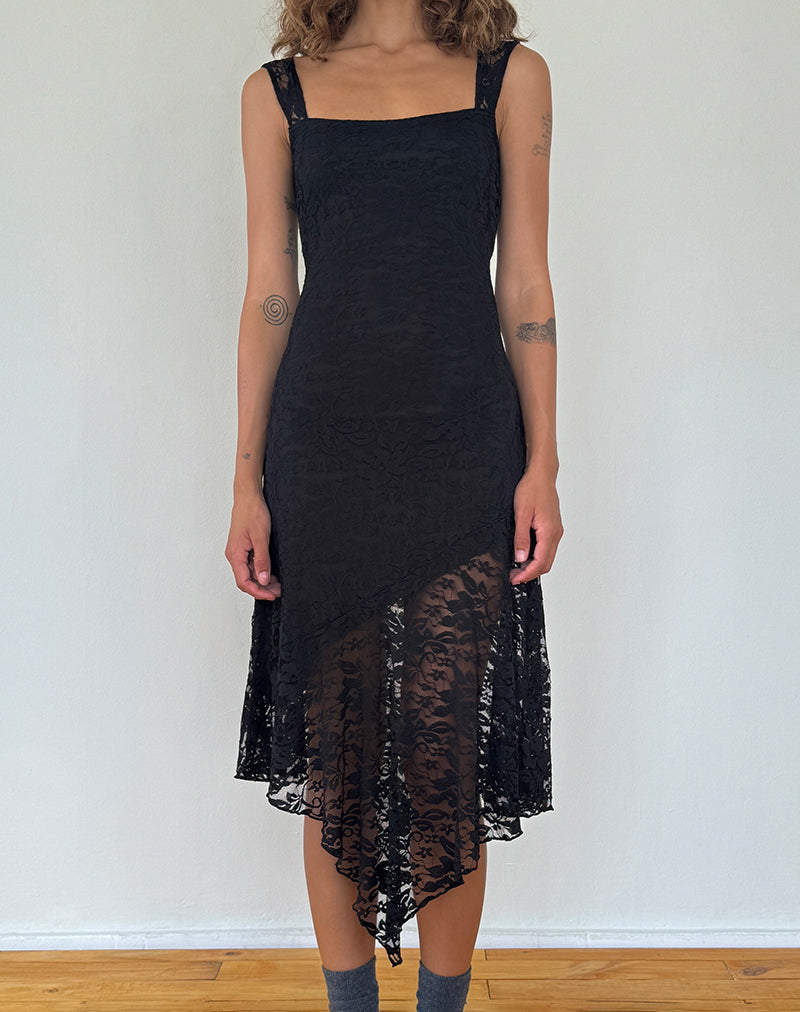 Adeliza Asymmetric Midi Dress in Floral Lace Jet Black-Nico Sky