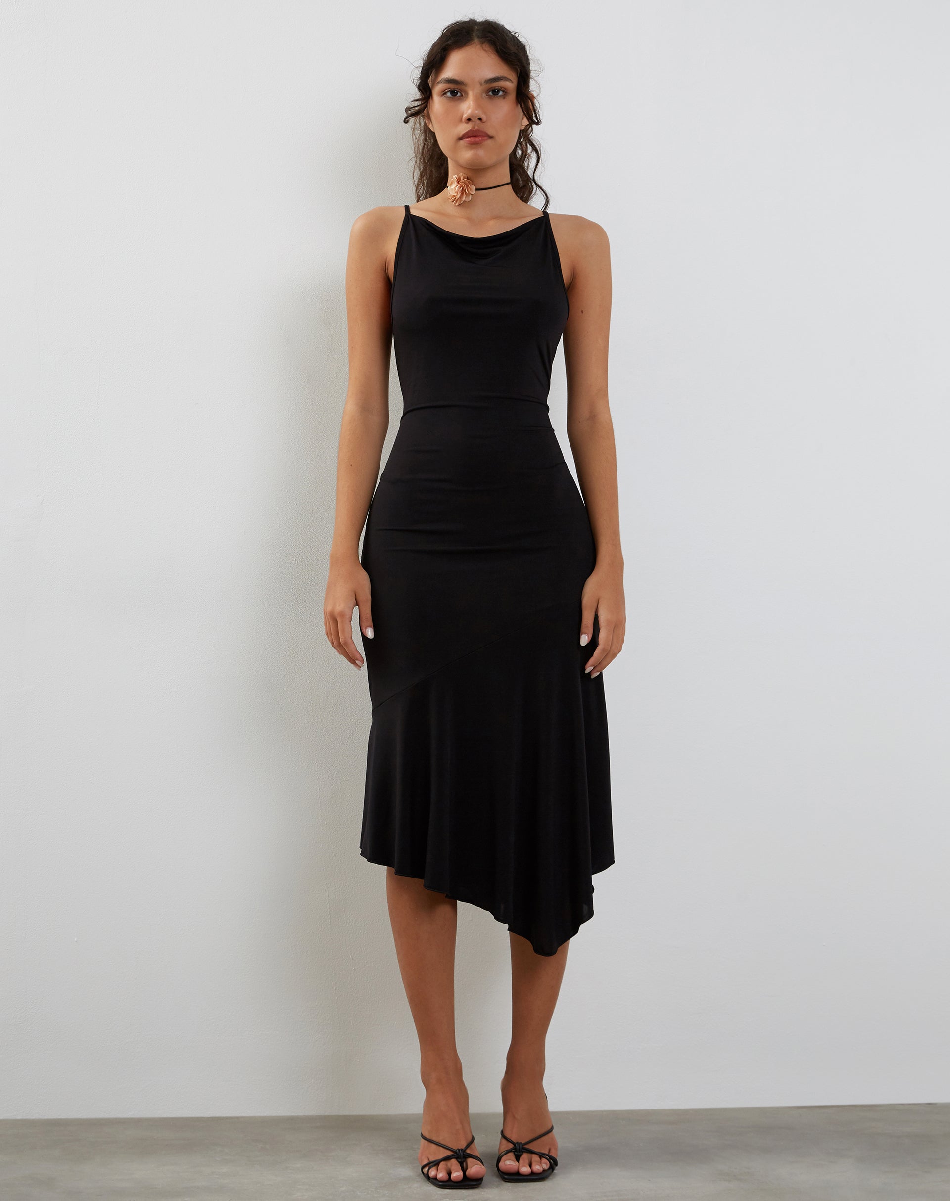 Adina Asymmetric Hem Midi Dress in Slinky Black-Nico Sky