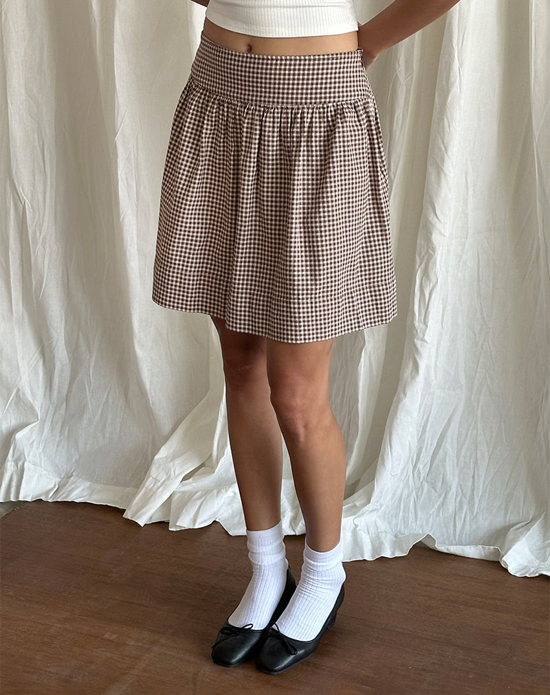 Adinda Midi Skirt in Mini Gingham Brown-Nico Sky