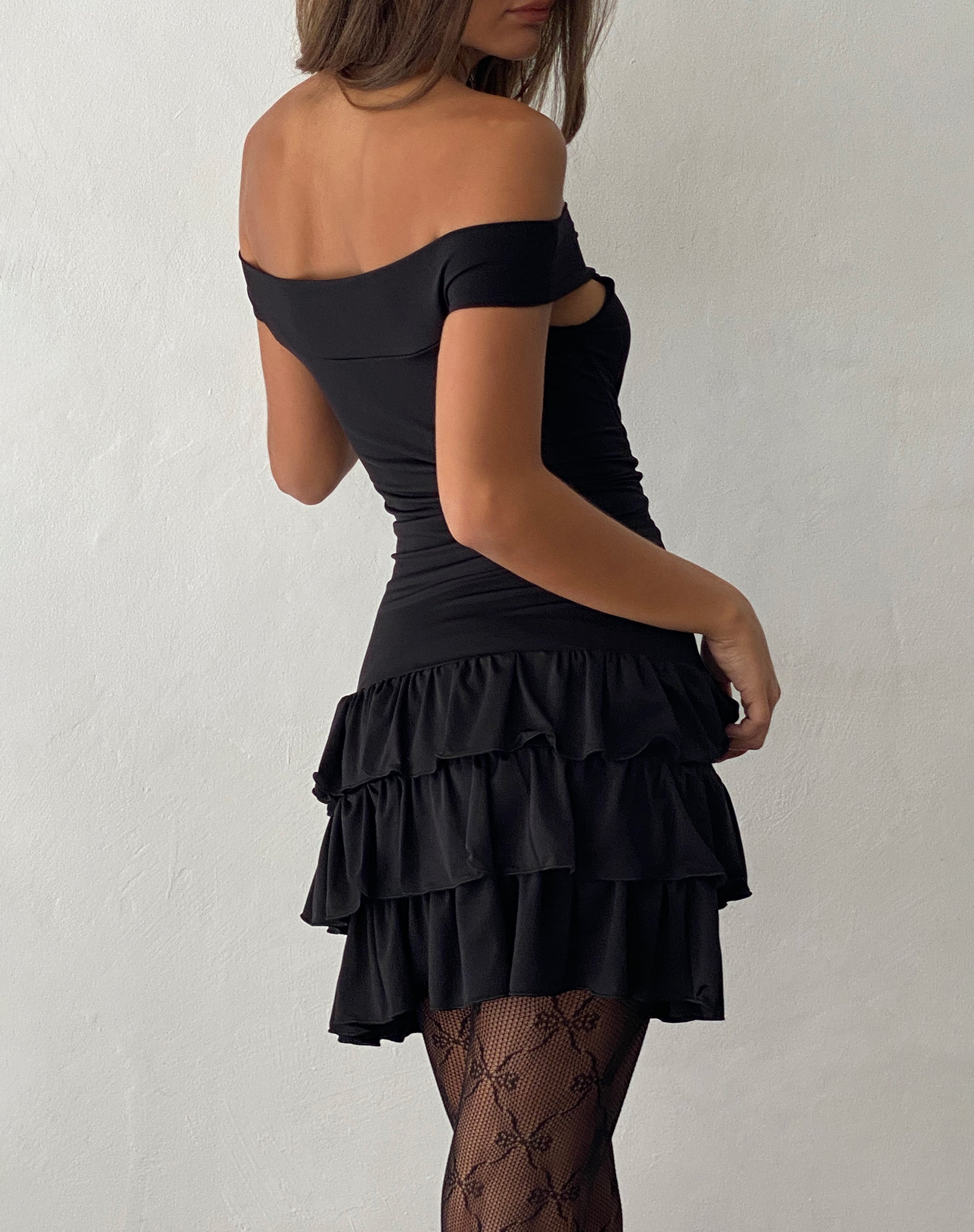 Aella Bardot Ruffle Dress in Black-Nico Sky