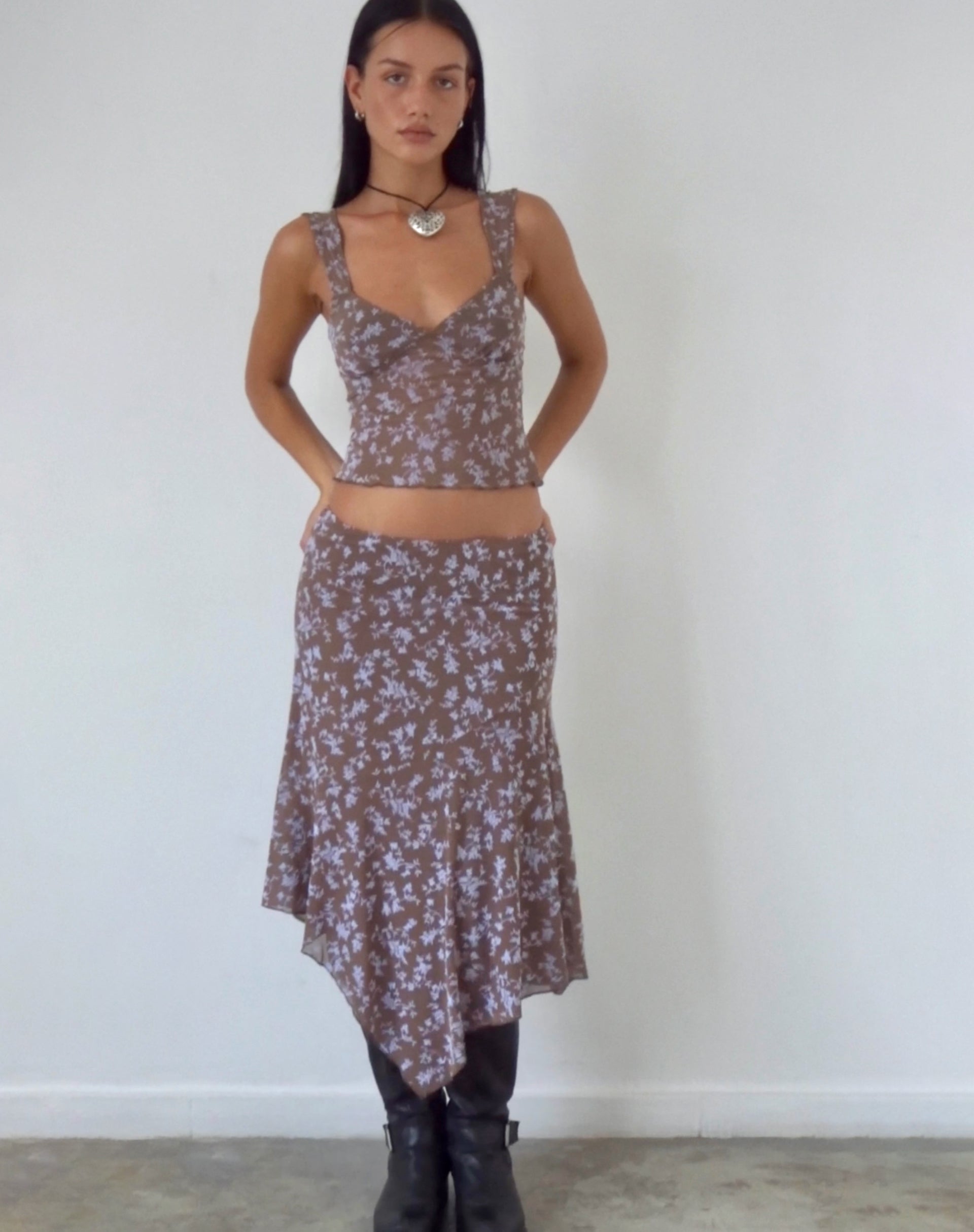 Aerin Mesh Cap Sleeve Top in Botanist Flock Dark Taupe-Nico Sky