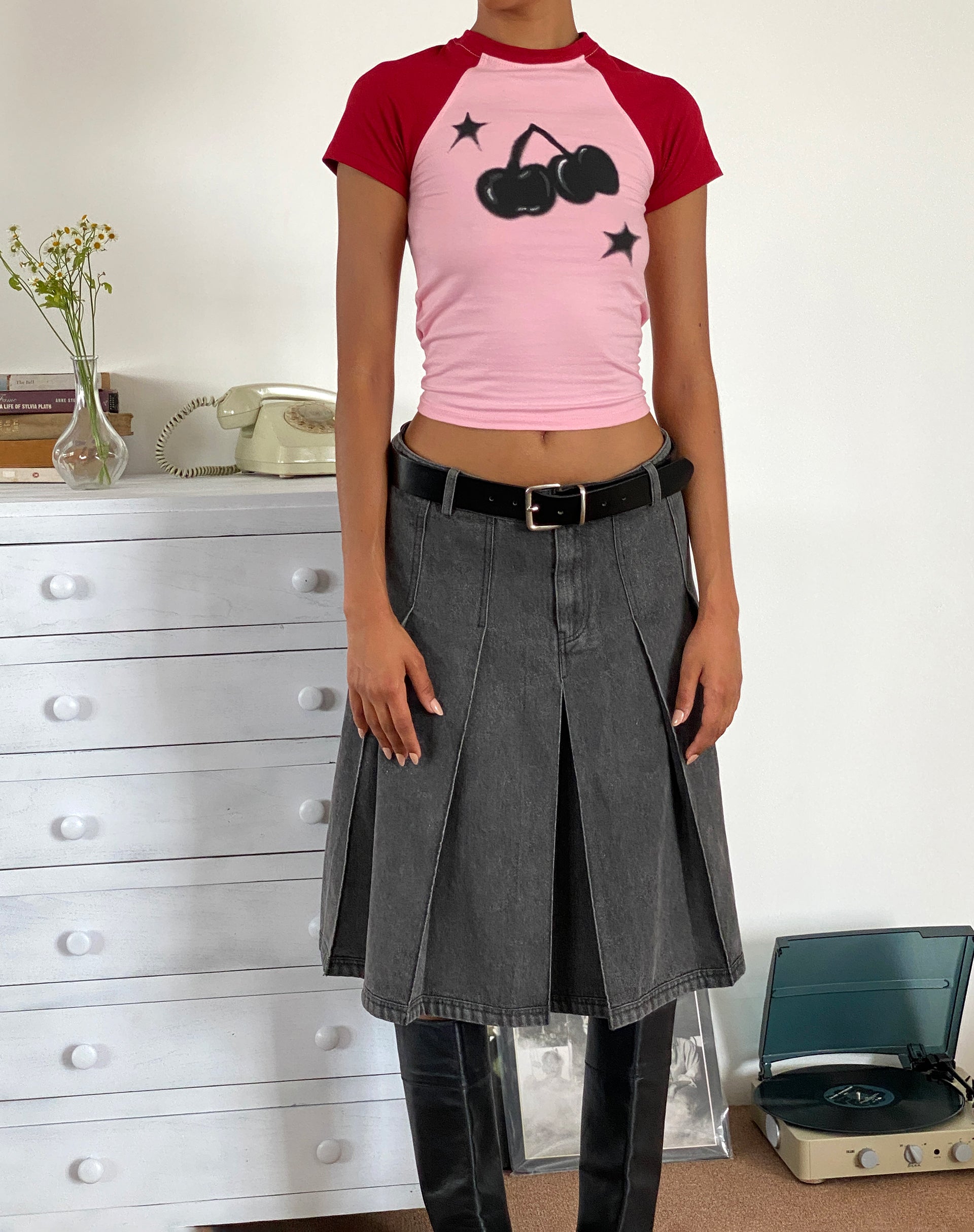 Agneta Baby Tee in Ballet Pink with Red Cherry Print-Nico Sky