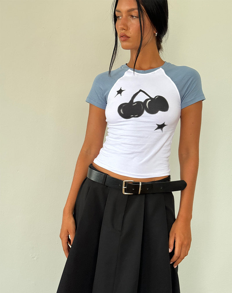 Agneta Baby Tee in White with Faded Denim Cherry Print-Nico Sky