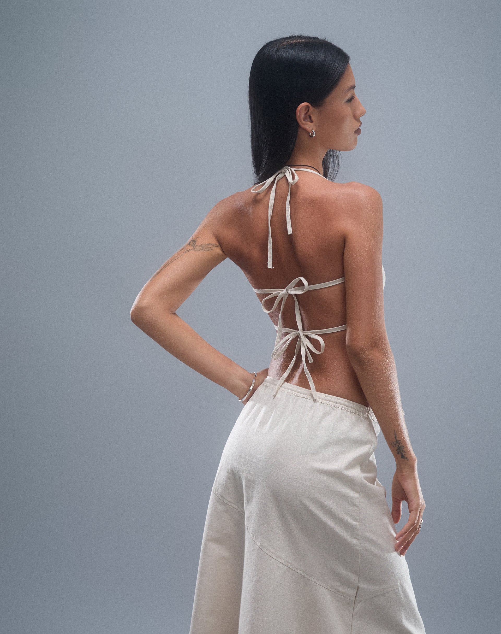 Aine Halterneck Top in Ecru Linen-Nico Sky