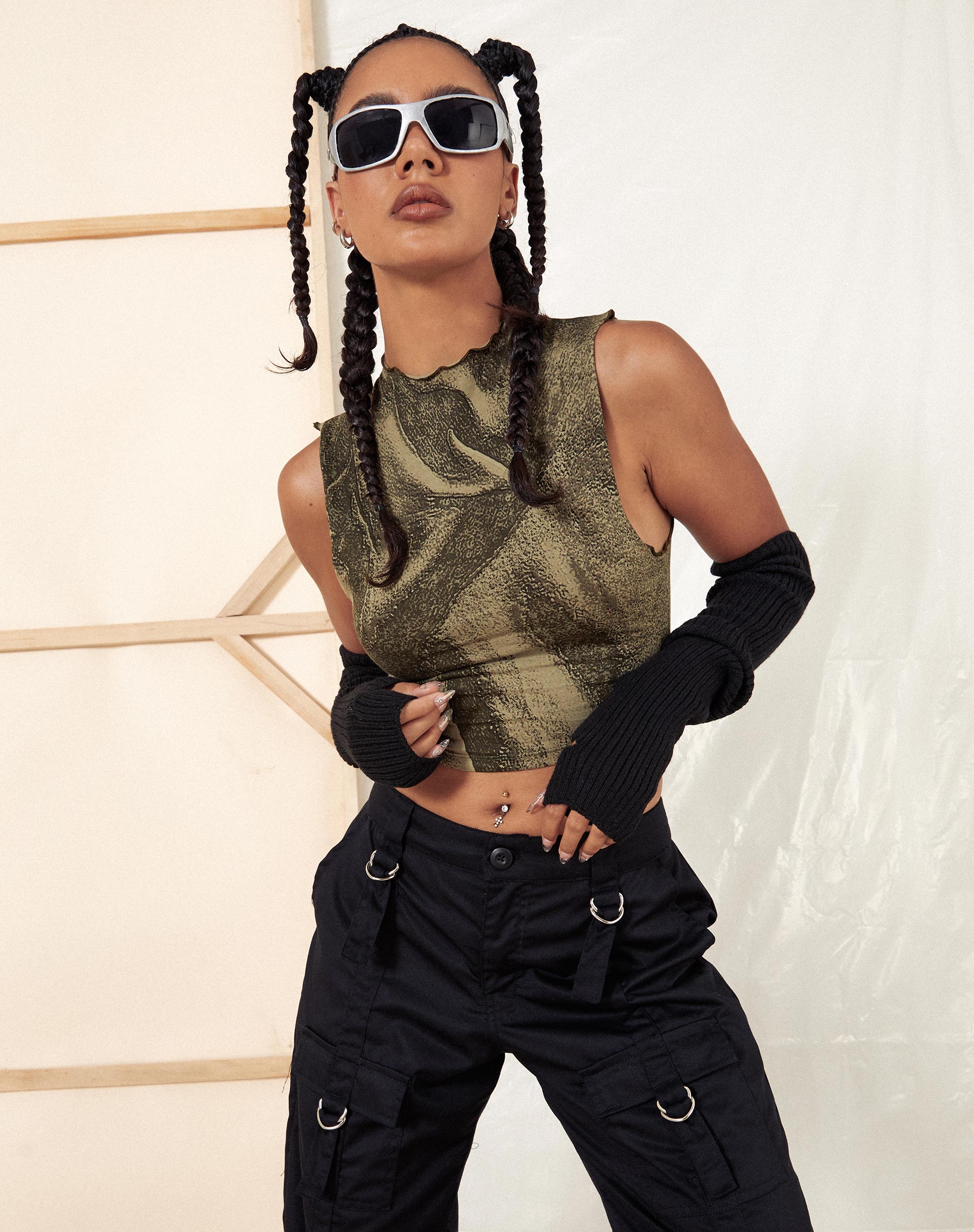 Ajak Crop Top in Dystopian Crease Khaki-Nico Sky