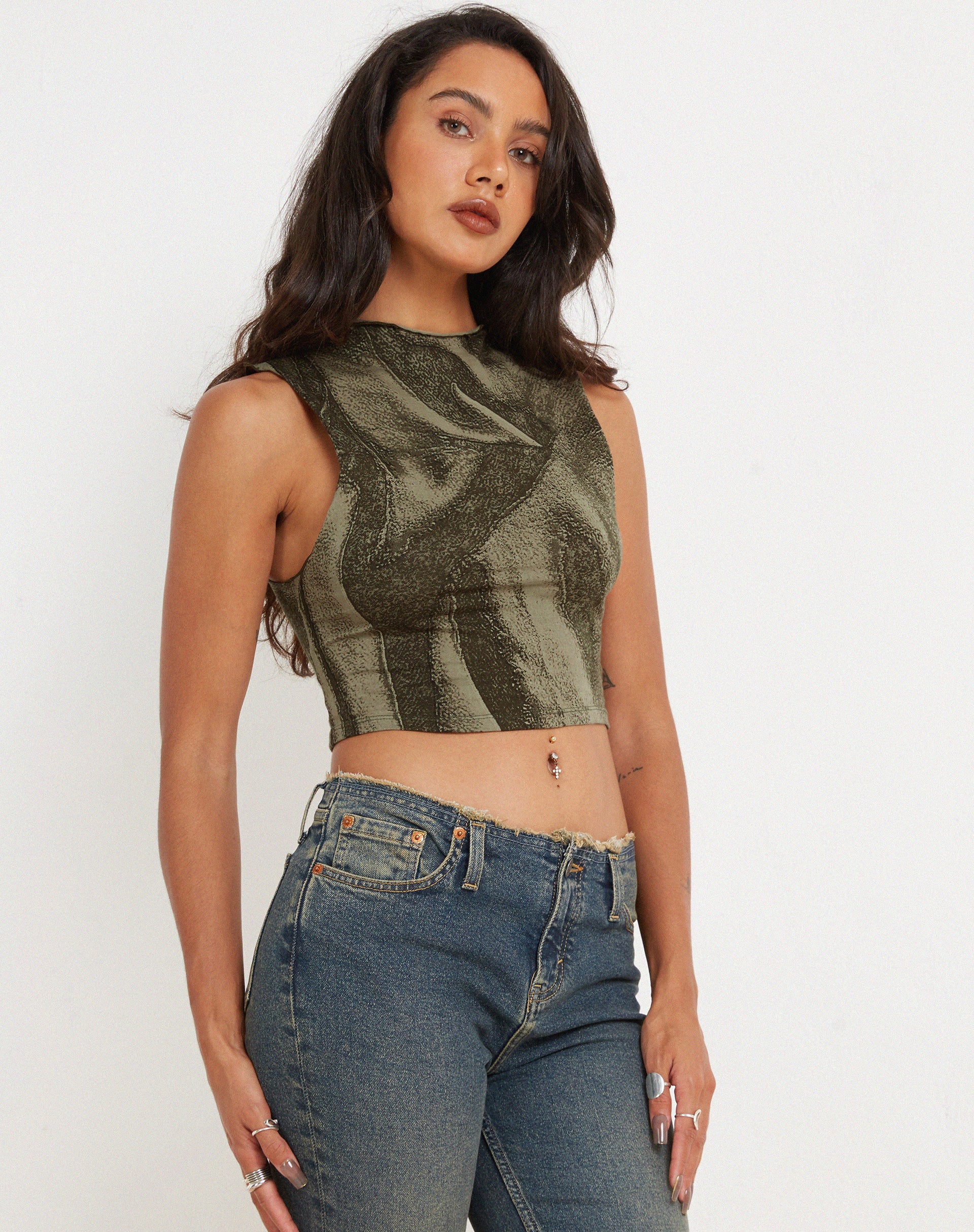 Ajak Crop Top in Dystopian Crease Khaki-Nico Sky