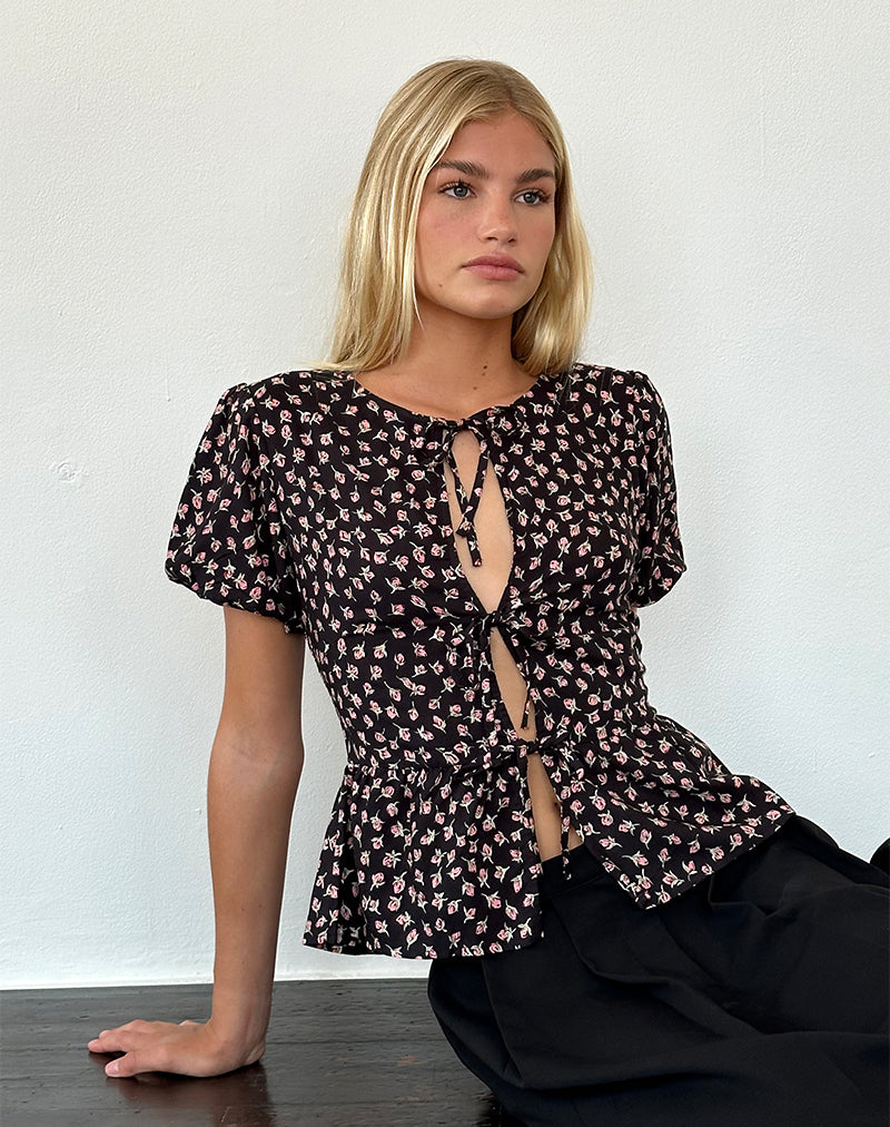 Ajasi Blouse in Red Rose Ditsy Black-Nico Sky