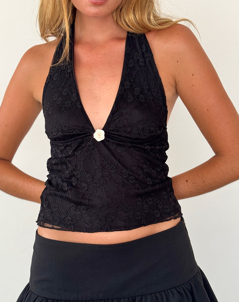 Aksa Halterneck Top in Canina Lace Black-Nico Sky