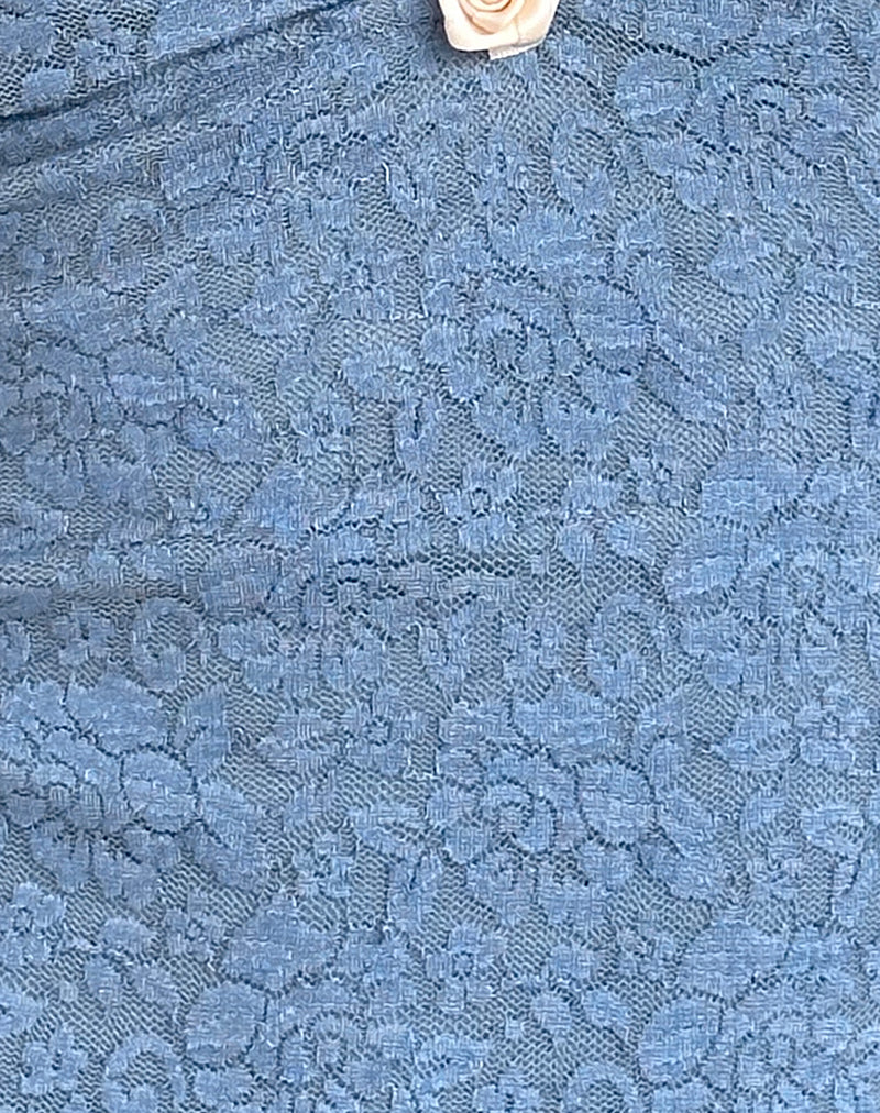 Aksa Halterneck Top in Moonlight Blue Lace with Rose-Nico Sky