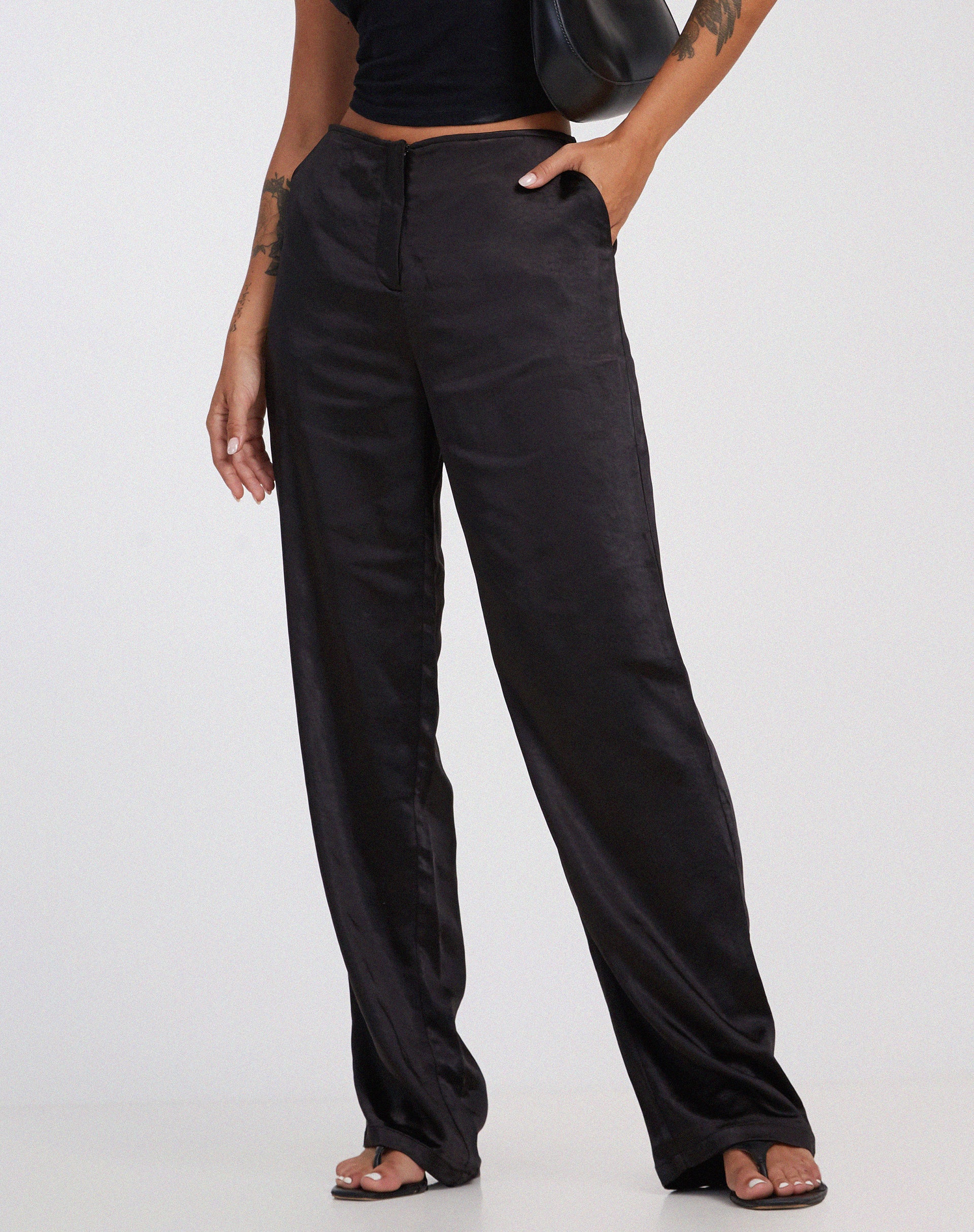 Akuna Wide Leg Trousers in Satin Black-Nico Sky