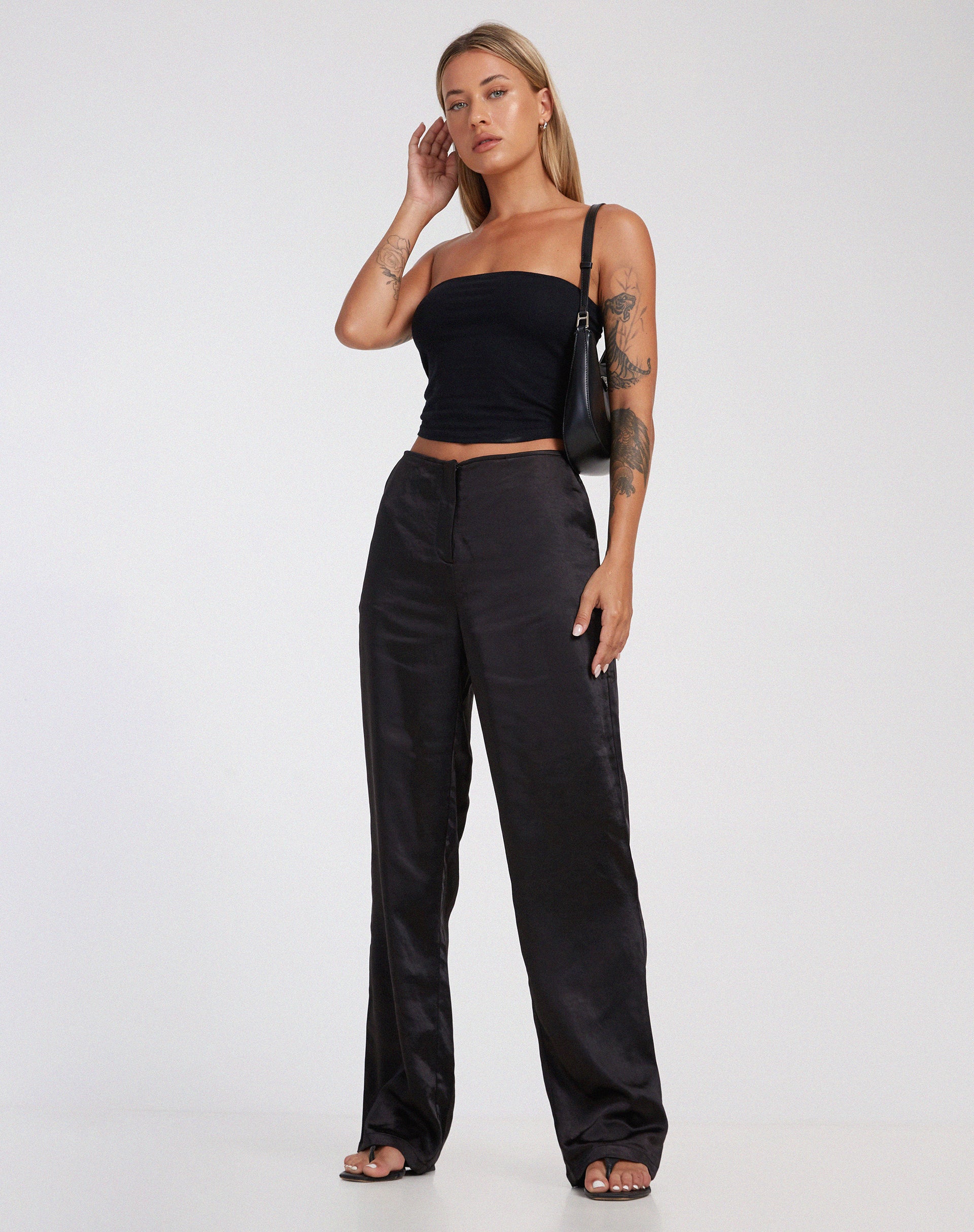 Akuna Wide Leg Trousers in Satin Black-Nico Sky